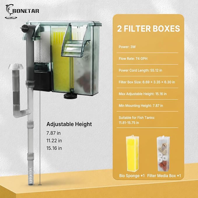BONETAR Aquarium Filter for 5-15 Gallon Fish Tanks, Easy Change Replaceable Filter Cartridge, Customizable Media Chamber, Quiet Water Filtration for Freshwater & Saltwater Aquariums