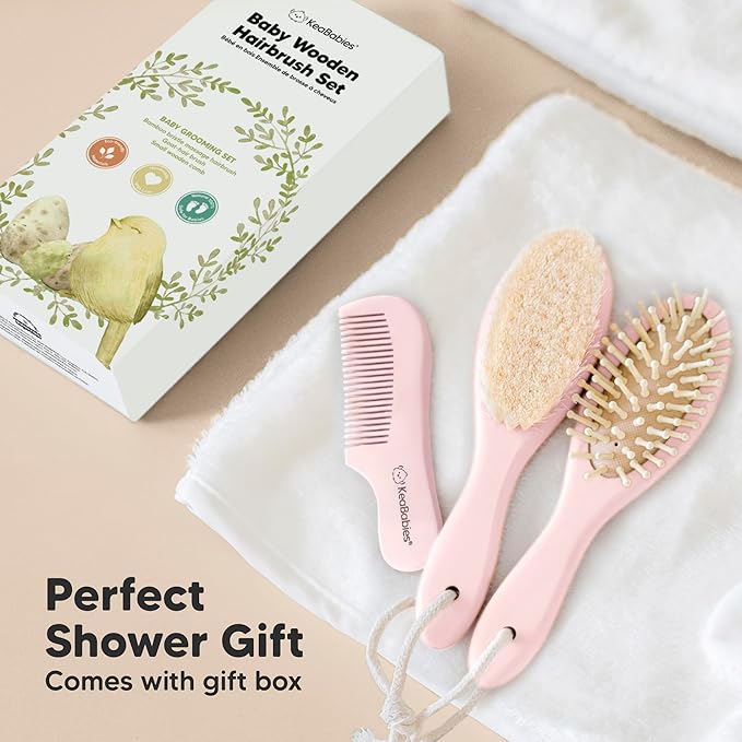Baby Hair Brush Set for Newborns - Soft Goat Bristle Wooden Baby Brush and Comb Set Newborn Grooming Kit for Cradle Cap, Durable & Gentle, Boy, Girl Infant Essentials Care Kit (Regular, Blush)