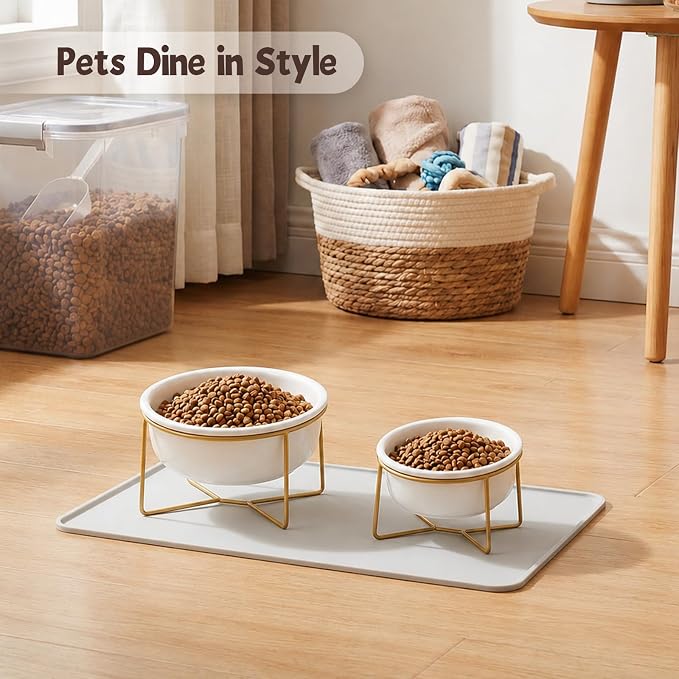 White Large Ceramic Tilted Elevated Cat Dog Bowl Raised Cat Food Water Bowl Dish Pet Comfort Feeding Bowls with Gold Iron Stand
