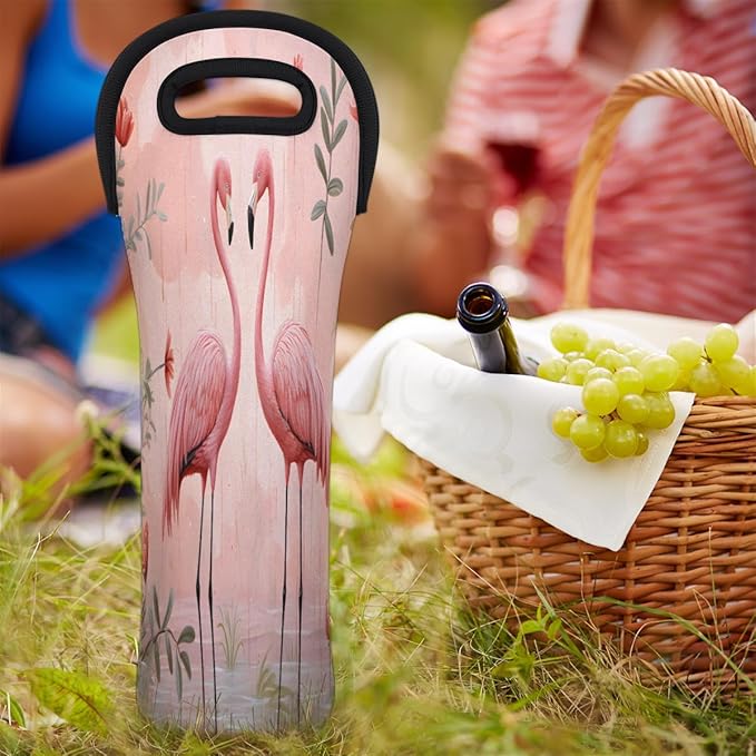 Tropical Bird Flamingo Wine Bag Single Bottle Wine Tote Bag Neoprene Wine Carrier Bags with Carry Handle Portable Wine Bottle Holder for Travel Party Picnic