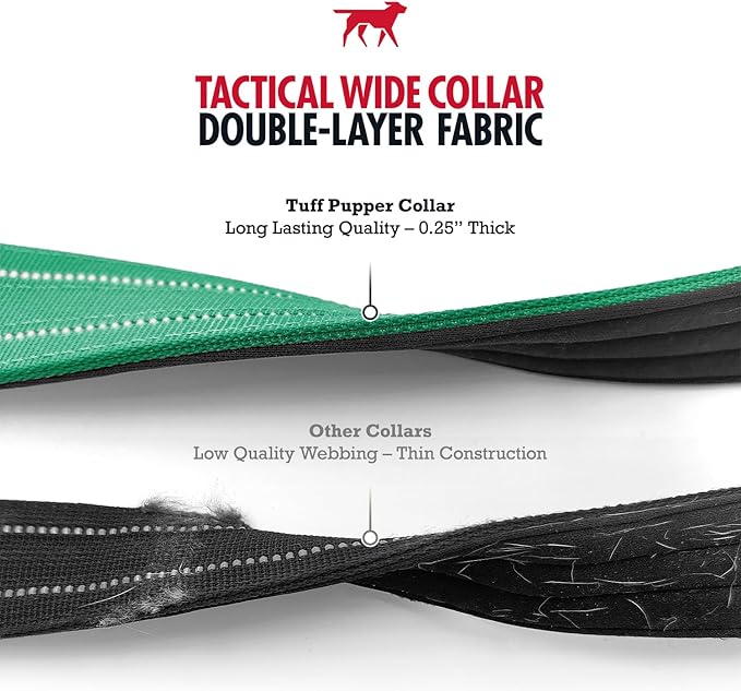 Tuff Pupper Tactical Dog Collar | Heavy Duty 1.5" Wide Ballistic Nylon | Training Control Handle | Quick-Release Metal Buckle | Reflective Bands | ID Tag Holder | Padded Inner Lining (Green, Medium)