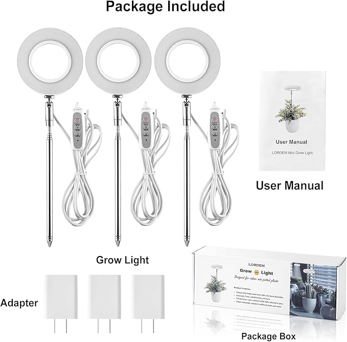 LORDEM Full Spectrum LED Grow Light for Indoor Plants, 3 Packs | Height Adjustable, Auto On/Off Timer 4/8/12H, 4 Dimmable Brightness, Ideal for Small Plants