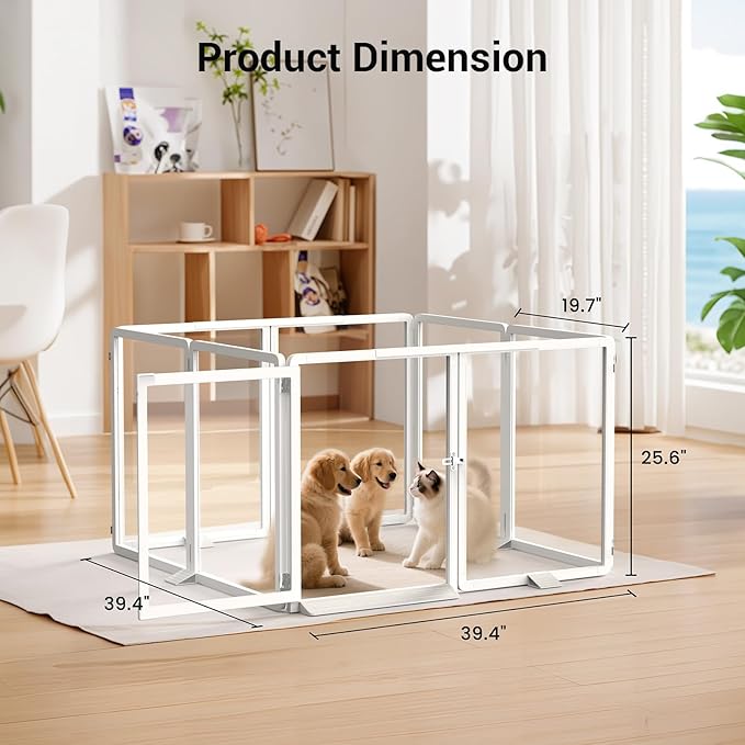 Clear Acrylic Pet Playpen, 25.6" H Transparent Dog Fence with Support Feet, Sturdy & Stylish Indoor Enclosure for Puppy, Cat, Rabbit, Easy to Assemble & Clean