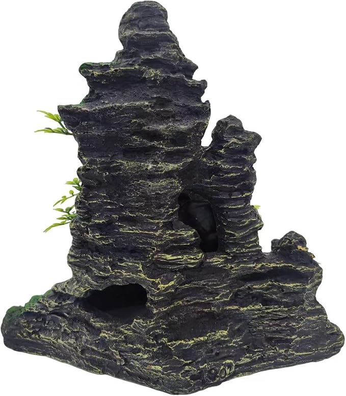 Large Aquarium Decoration Resin Fake Rock Mountain Ornament Landscape Castle Decoration Fighting Fish Reptiles Turtles Hiding Cave Fish Tank Ornaments Accessories - Height 10.7 inches (Green)