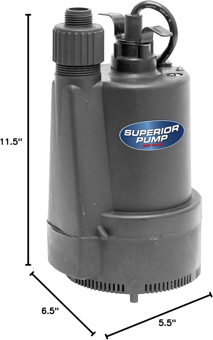 Superior Pump 91330 2400GPH Thermoplastic Submersible Utility Pump with 10-Foot Cord, 1/3 HP