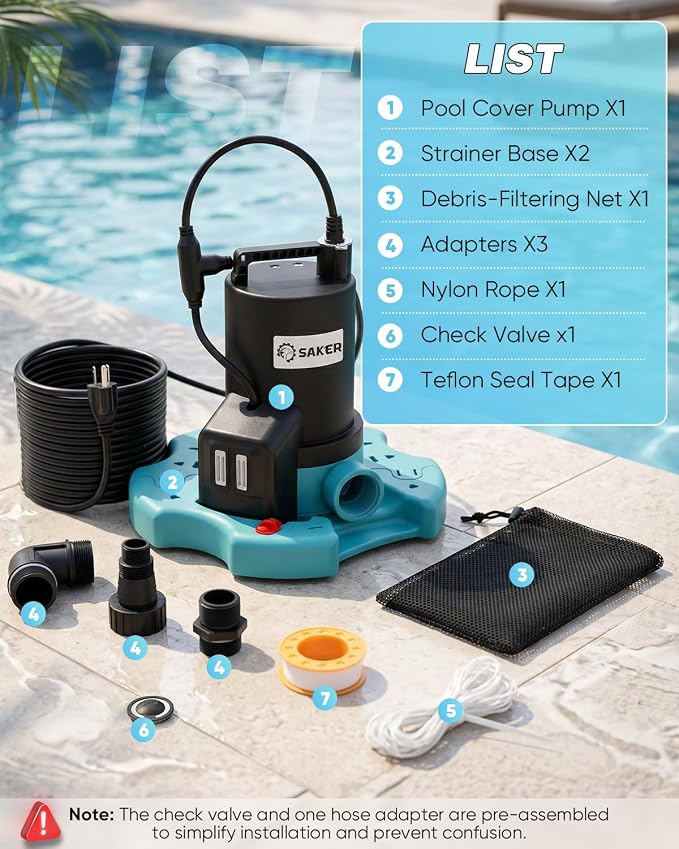 Saker Automatic On Off Submersible Water Pump, 1/4 HP Sump Pump,2377 GPH | Submersible Pump,Pool Cover Pump with 25ft Power Cord & Filter Net for Swimming Pool Covers, Hot Tubs, Rooftops