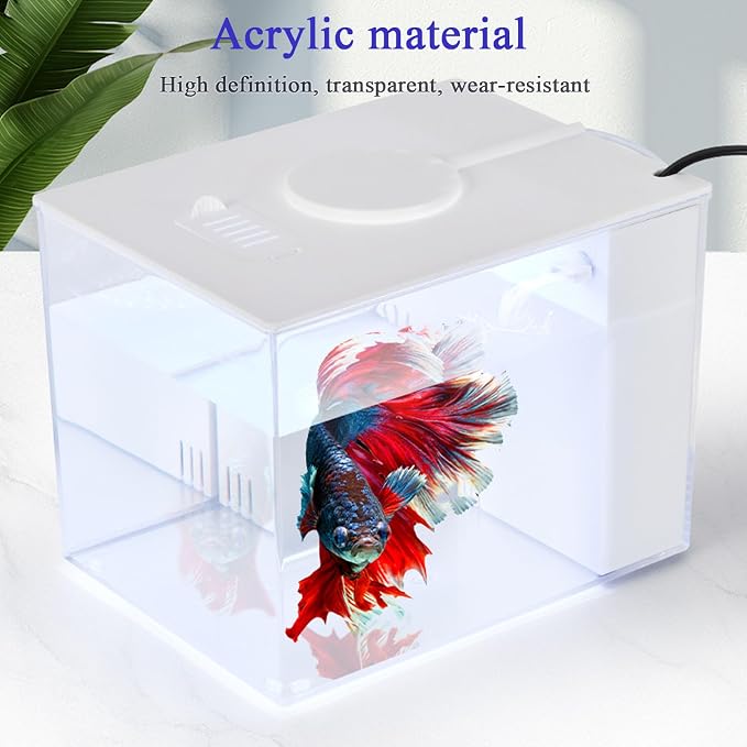 Mini Fish Tank Betta Aquarium Starter Kits Multifunctional Desktop LED Aquarium with Switch Button White, 1 Gallon