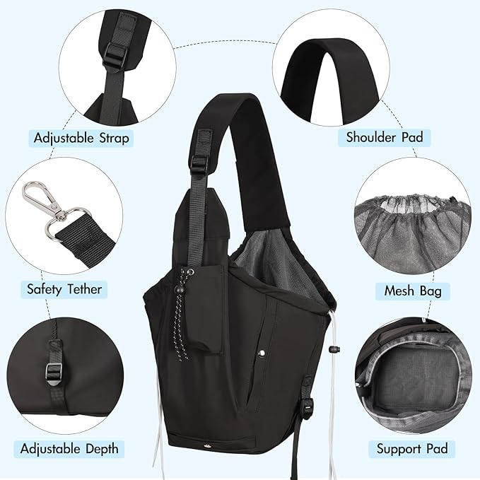 Dog Carrier Sling, Dog Carriers for Small Dogs & Cats with Pockets, Puppy Carrier Sling 20 lbs Machine Washable, Adjustable Shoulder Strap, Hands Free for Family Outdoor Use (Black)