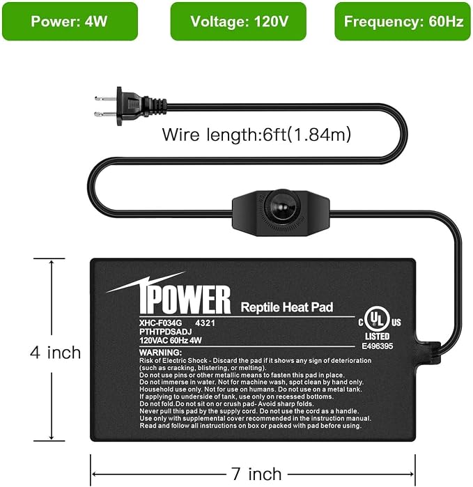 iPower 4 by 7-Inch 4 Watts Reptile Heating Mat with Temperature Controller Under Tank Warmer Terrarium Heat Pad for Reptiles and Amphibians, Black