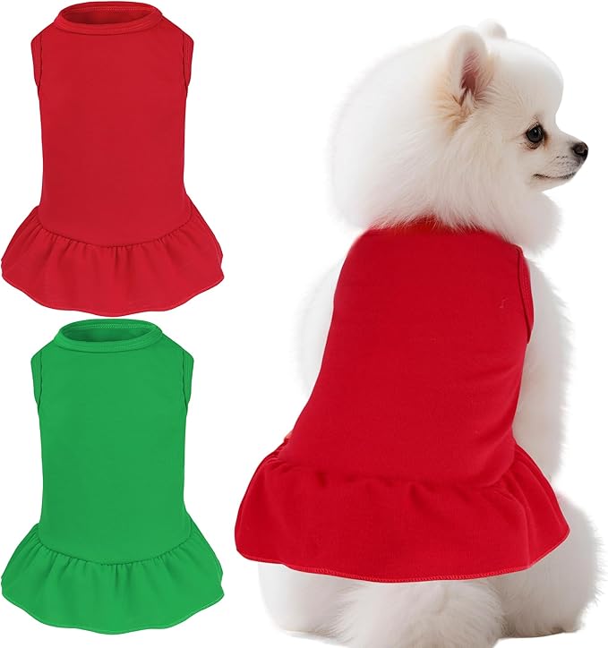 2 Pcs Dog Dresses Cat Skirt Solid Color Dog Clothes Summer Sleeveless Puppy Girl Clothes for Small Pet Dogs Cats (Red,Dark Green, Medium)
