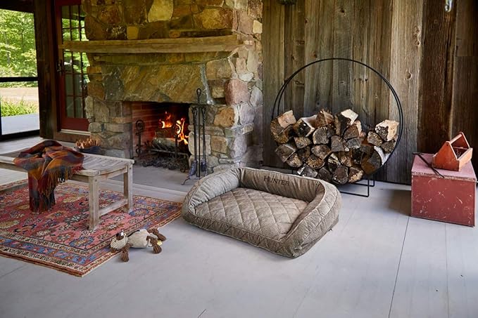 Orvis Comfort Fill-Eco Couch Dog Bed – Plush Three-Sided Bolster with Comfort Fill-Eco Cushion, Quilted Cover, Zip-Off & Machine Washable, Heathered Khaki - Large