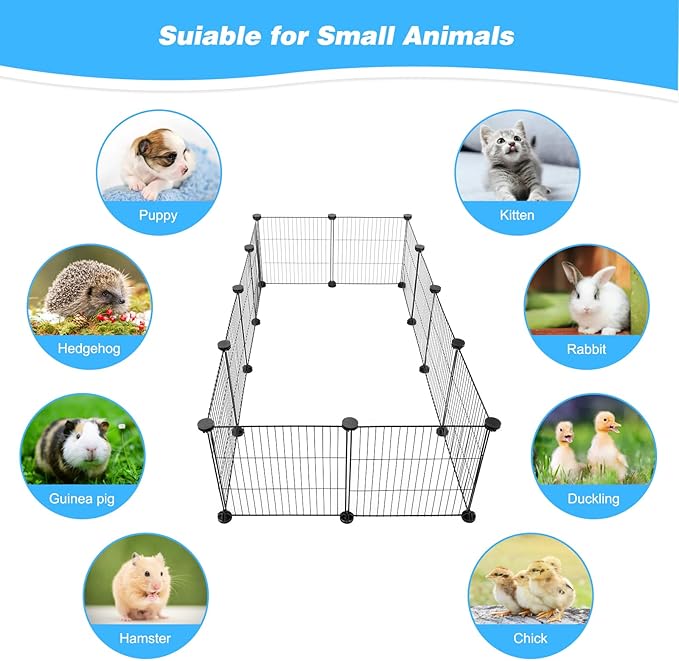 Pet Playpen with Mat, Small Animal Cage with Mat, Guinea Pig Cages, Puppy Pen for Indoors with Colorful Mat, 12 Panels Interior Metal Wire Yard Fence