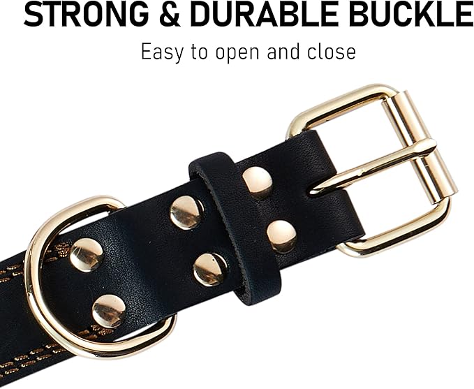Genuine Leather Dog Collar, Heavy Duty Dog Collar for Small, Medium, Large and Extra Large Dogs (S: 0.8" Wide for 13.4"-15.8" Neck, Dual Stitch - Black)