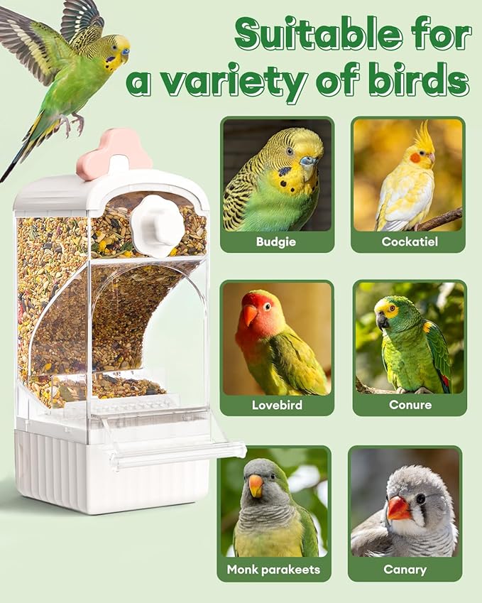 Bucatstate Automatic Bird Feeder Self Cleaning Large Capacity No Installation Required with Waste Drawer for Parrots Budgies Cockatiels Canaries and Small Birds (White)