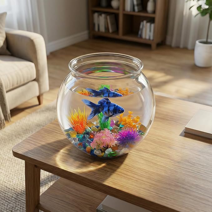 1 Gallon Clear Plastic Fish Bowl Set with 5 Artificial Plants and Stones | Smooth Surfaces Wipe Clean Easily, Rounded Shape Improves Viewing for Simple Home or Desktop Displays