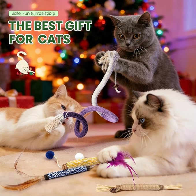 Silvervine Sticks for Cats and Cat Chew Rope Toy for Dental Care Teeth Cleaning&Anxiety Relief,Interactive Catnip Toys for Bored Indoor Cats(9pcs)