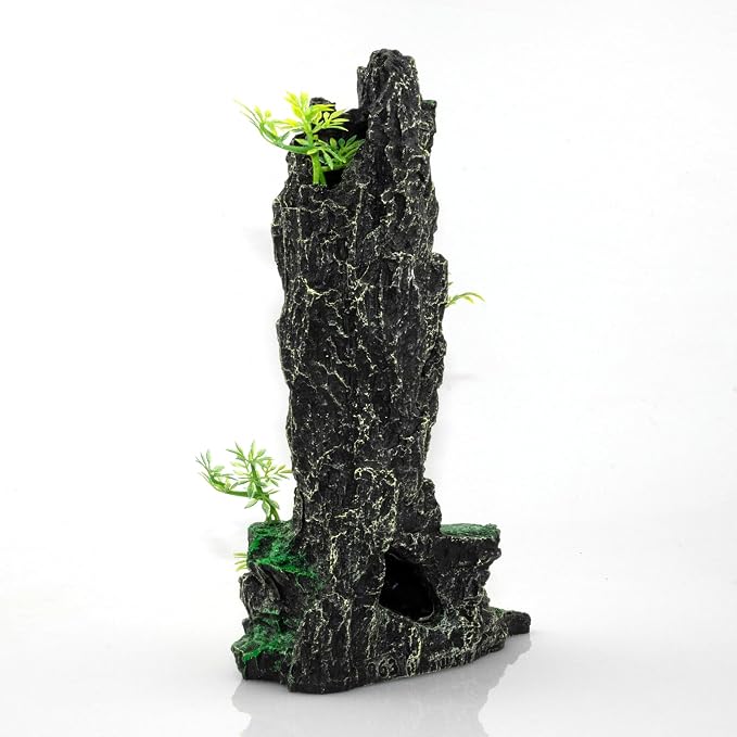 Aquarium Mountain View Stone Ornament, Large Resin Hideout Cave for Betta & Shrimp, Fish Tank Decor Rock Cave with Fish Cave and Hideouts (7.87" x 4.33" x 13.98")