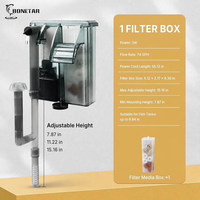 BONETAR Aquarium Filter for 0-10 Gallon Fish Tanks, Easy Change Replaceable Filter Cartridge, Customizable Media Chamber, Quiet Water Filtration for Freshwater & Saltwater Aquariums