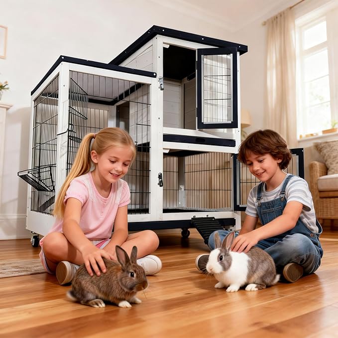 FunXplore 2-Story Rabbit Hutch Bunny cage Indoor Outdoor with Lower Urine Guards, Chew-Proof Ramp, 2 Leak-Proof Trays, 4 Metal Wheels for Rabbits, Guinea Pigs, Small Animals