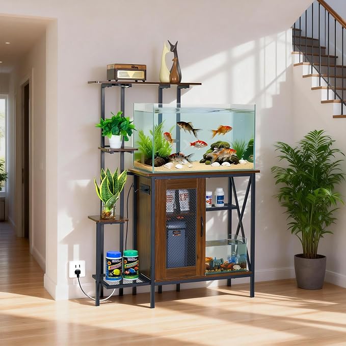 20-29 Gallon Fish Tank Stand with Plant Shelf, 2-in-1 Walnut Aquarium Stand | Built-in Power Outlet, Full Spectrum LED Grow Light, Adjustable Storage Shelves, Stable Metal Frame for Home Use