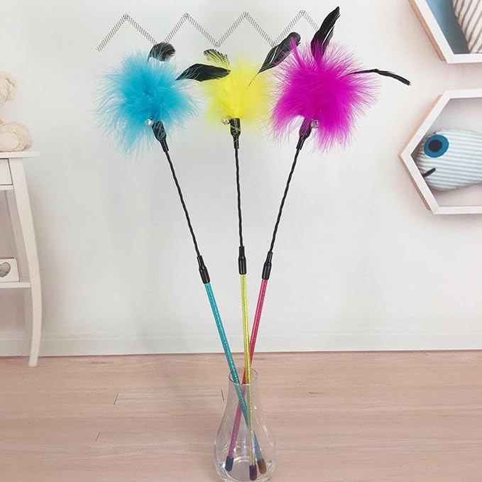 IUHKBH Cat Feather Wands, 3 Colors Soft Turkey Feather Teaser Wands Interactive Unbreakable Kitten Wands Fun Kitty Toy for Indoor Cats Play Exercise