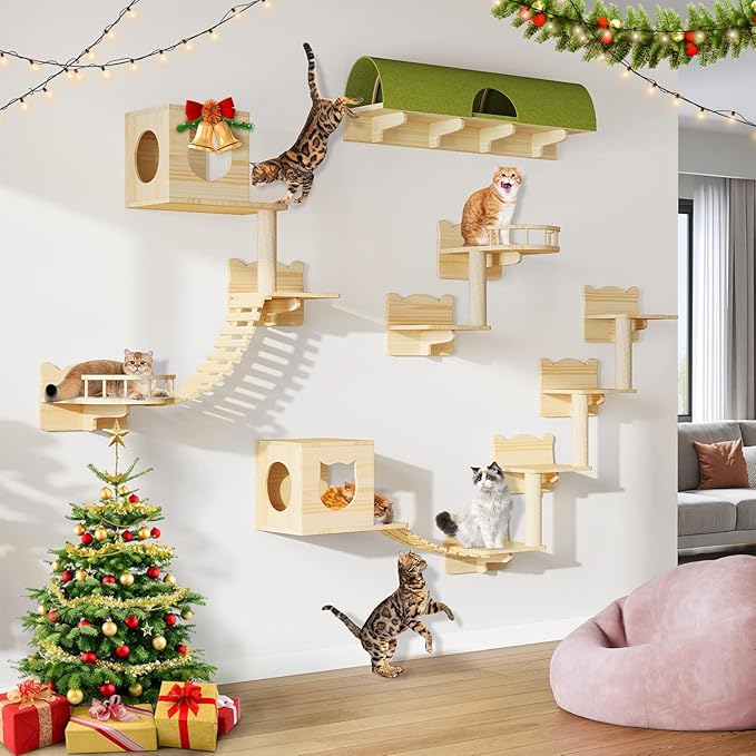 Cat Shelves for Wall, 18-in-1 Solid Wood Wall Mounted Cat Wall Shelves with Tunnel, Scratching Post, Steps & Bridge Ladder, Multi-Level Cat Climbing System, Space Saving, Floating Cat Shelves
