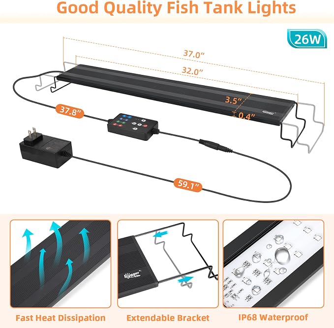 hygger LED Aquarium Light, 26W Full Spectrum Fish Tank Light with Multi-Color Timer DIY Mode 24/7 Natural Mode, Adjustable Brightness, Aquarium Plant Light with Extendable Brackets for 32~37IN Tank