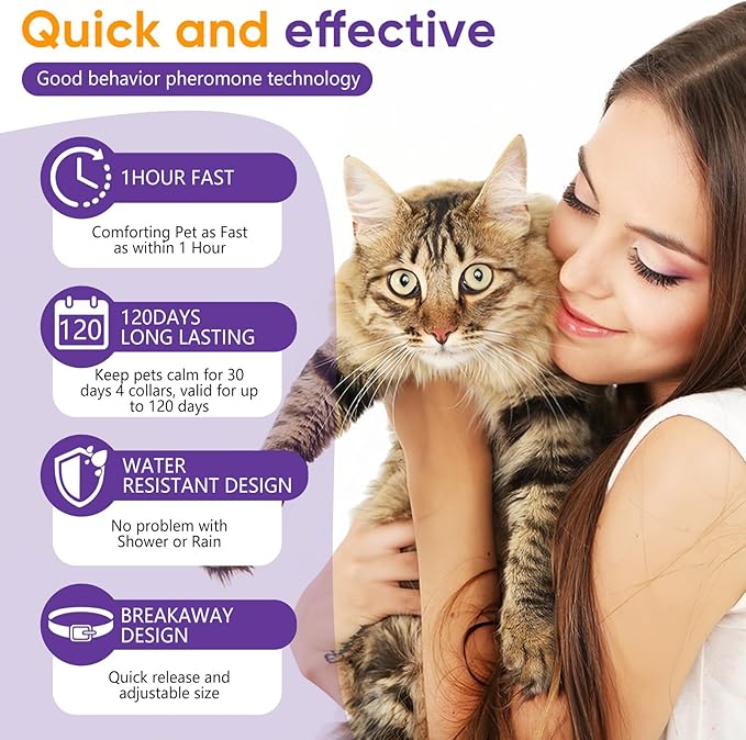 Cat Calming Collar, 4-Pack Pheromone Collars for Cats – Adjustable 15″, Up to 4 Weeks Lasting Stress & Anxiety Relief, Helps Reduce Noise Fear, Scratching & Separation Anxiety