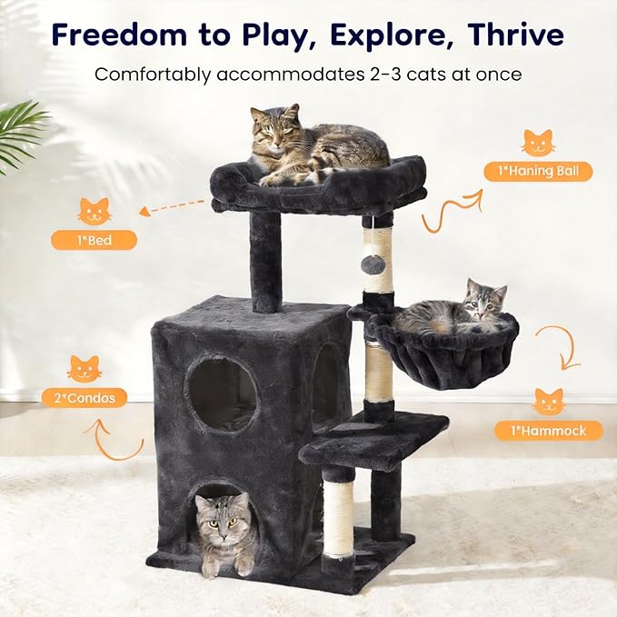 Fansafurn Cat Tree Tower for Indoor Cats, 36-inch Adult Cat Tree House for Large Adult Cats with Steps, Scratching Post, 2 Cat Condo, Dangling Toys, Dark Grey