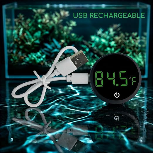 Digital Thermometer for Fish Tank, Rechargeable Stick On Aquarium Temperature Gauge, 1.8 x 1.8 x 0.4 in Mini Design, LED Display, ±1 ℉ Precision, for Bettas, Saltwater and Freshwater Tanks