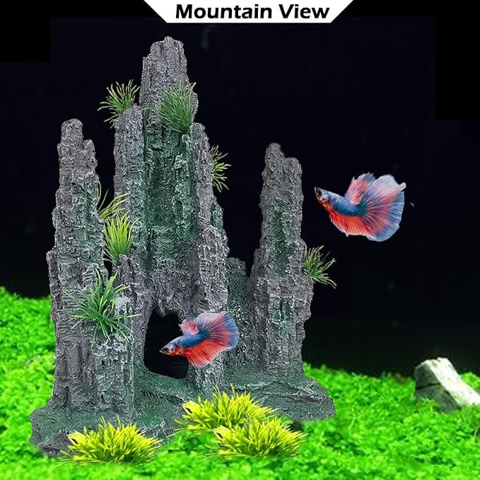 Aquarium Decoration Large and Tall for Fish Tank Rock Cave Hideout | Aquarium Mountain View Stone Ornaments Aquarium Decor Tree House Cave Fish Tank Decoration - Large