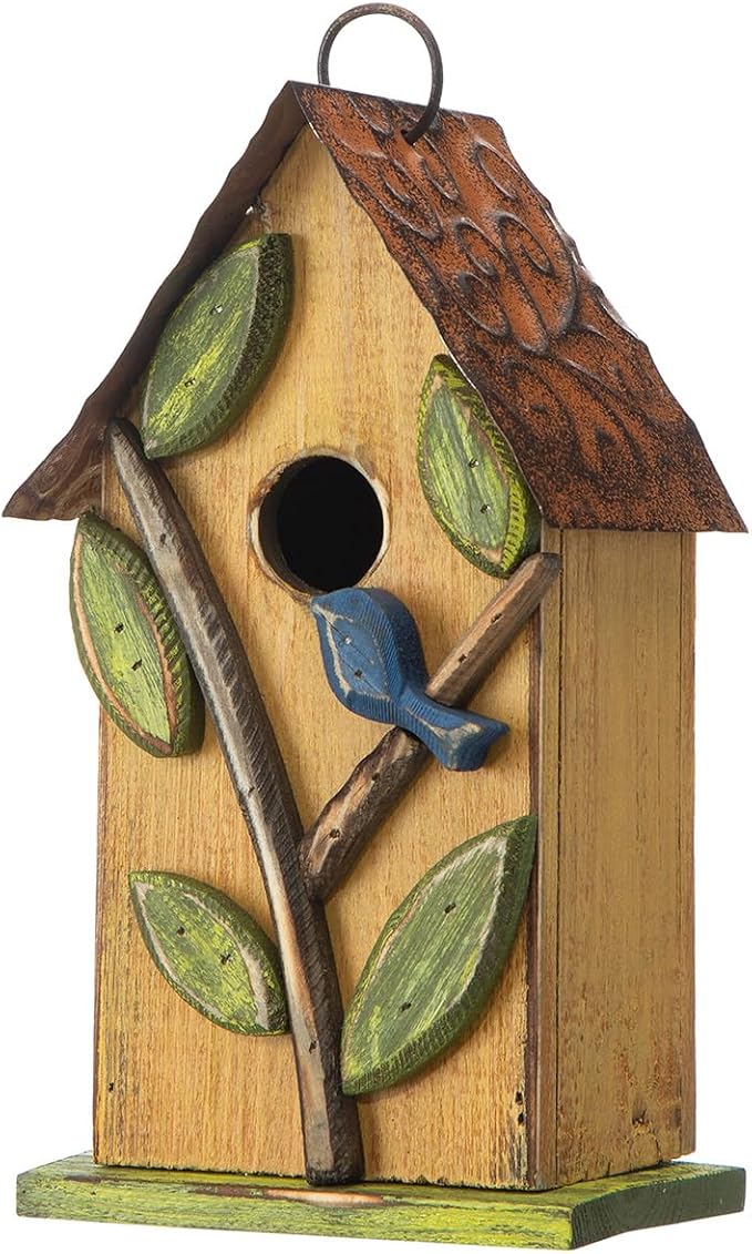 Glitzhome Bird Houses for Outside, 9.7" H Rustic Hanging Birdhouse Decorative Pet Cottage Distressed Wooden Birdhouse with 3D Tree Bluebird House for Outdoor Patio Garden, Yellow
