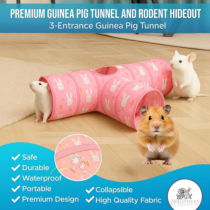 Tunnels with 3-Way Entrance - Cozy, Washable Guinea Pig Hideout - Interactive Cage Toys (Pink Bunnies)