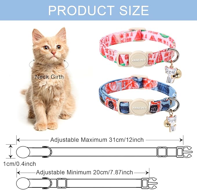 ARING PET 2 Pack Cat Collar-Cute Cotton Summer Watermelon Cat Collar with Bell & Pendant, Adjustable Summer Kitten Collars with Safety Buckle for Girl Pets