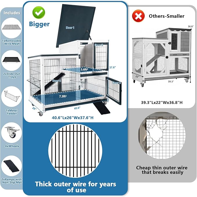 FunXplore 2-Tier Rabbit Cage & Bunny Hutch Indoor Outdoor, 4 Metal Wheels, Chew-Resistant Aluminum-Edged Frames & Ramps, Leak-Proof Trays, Easy Assembly, Spacious for Rabbits & Small Animals
