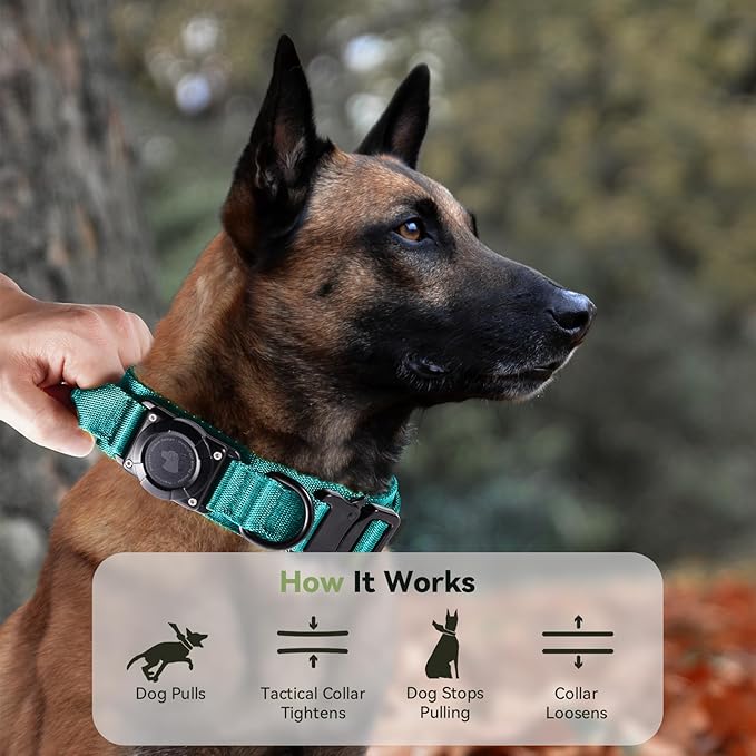 2026 Upgrade Waterproof AirTag Dog Collar, Military Tactical Dog Collar with AirTag Holder, Comfortable Control Handle and Metal Buckle, GPS Dog Collar Holder for Medium to Large Dogs (Blue,L)
