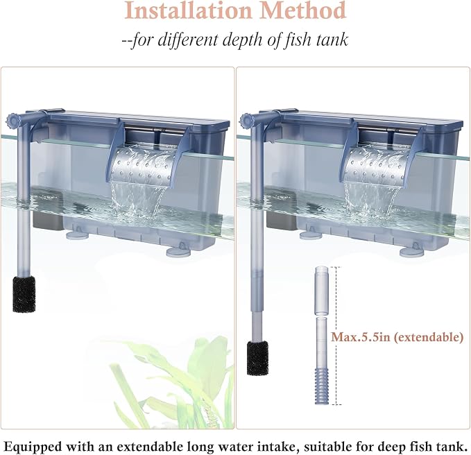 Silent Aquarium Hang-on Filter, 7W 177GPH Fish Tank Filter with Filter Media, Adjustable Fish Waterfall Filter for 15-40 Gallon Tank