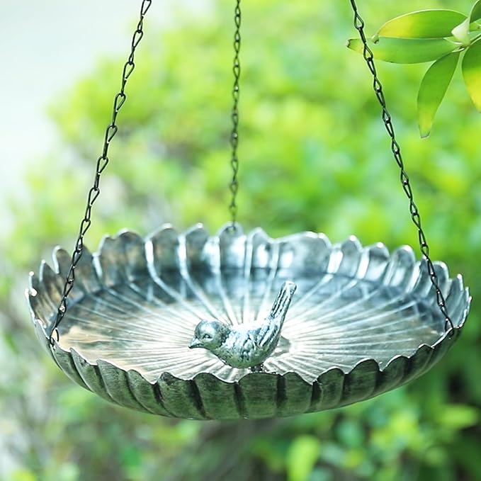 MUMTOP Hanging Bird Baths for Outdoors - Metal Bird Bath, 11.6 Inch Flower Shape Birdbath Bird Feeder Bowl for Outside, Garden, Lawn Yard Decor(Silver)