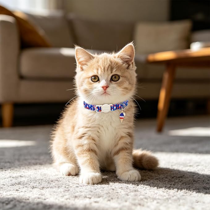 Cat Collar,2 Pack Blue Cat Collars Breakaway with Bell, DOGWONG Patriotic Popsicle Cat Collar for Boy Small Dogs,Adjustable Kitten Collar 7-12 Inch