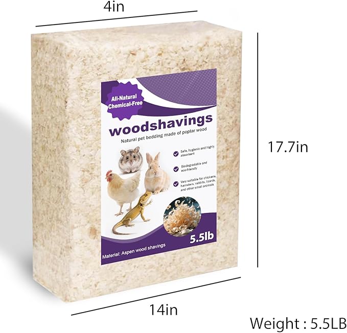 Natural Aspen Shavings Pet Bedding 5.5 Lb, Low-Dust & Chemical-Free, Ultra-Absorbent Cage Litter for Hamsters, Rabbits, Gerbils & Small Animals, Biodegradable Wood Shavings(70L Before Compression)