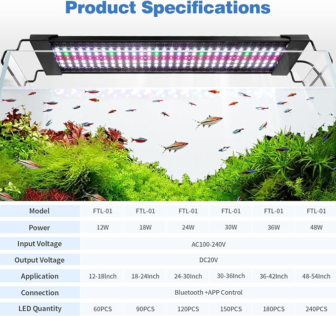Bluetooth LED Aquarium Light with APP Control, 3 Modes for 24-30 Inch Fish Tank Light with Full Spectrum White Blue Red Green Lights, IP68 Waterproof with Extendable Brackets for Freshwater