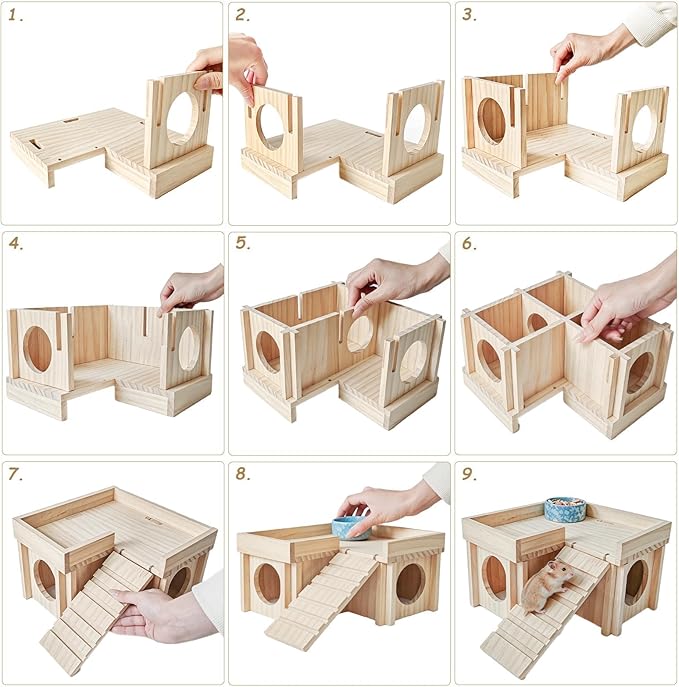 Wooden Hamster Hideout,Dwarf Hamster Hide House with Platform & Bowl & Ladder,Small Hamsters Maze Hut Hides Habitats Decor Cage Accessories for Gerbils,Mice,Mouse