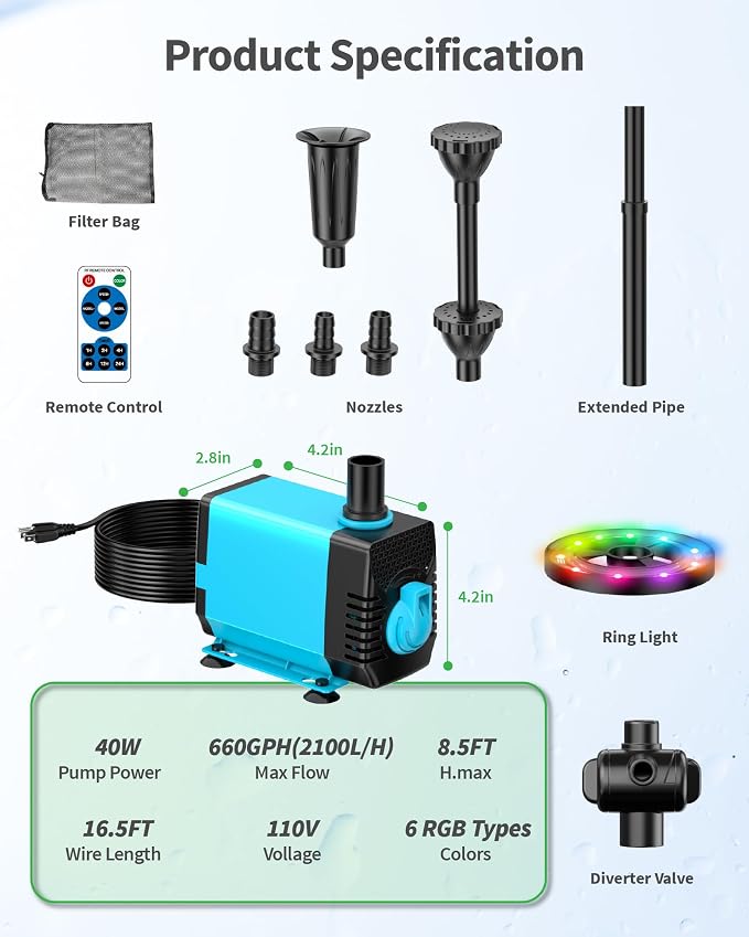 Pond Pump with LED Lights, 660GPH Submersible Pump RGB Pond Filter System with Adjustable Height & Water Flow for Garden Pond Fish Tank Day & Night Pond Decoration -P1104D