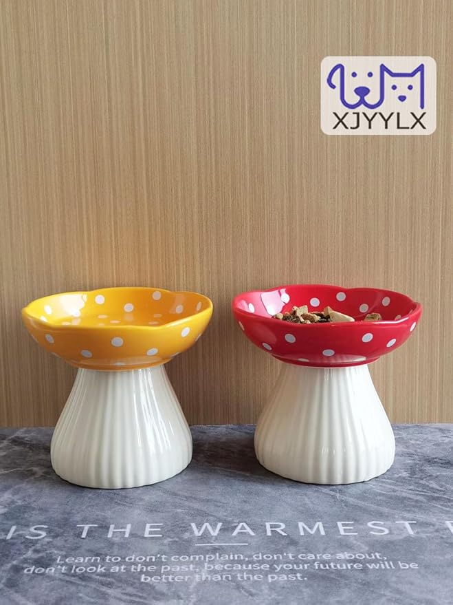 Elevated Mushroom Cat Bowls Ceramic 2 Pack, Raised Cat Bowl for Indoor Cats, Cute Whisker Fatigue Cat Bowl, Raised Dog Bowl Stand for Food and Water, Red+Yellow 6" Wide for Adult Cats