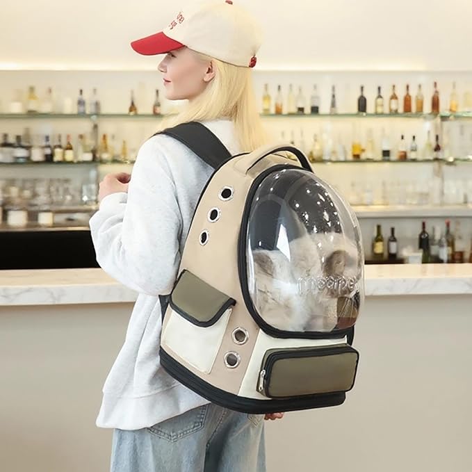 Cat Bubble Backpack Carrier, TSA Airline Approved Pet Travel Bag for Small Medium Dogs, Clear Hiking Camping Backpack for Cats, Kitten and Puppy up to 18 lbs, Khaki Bubble