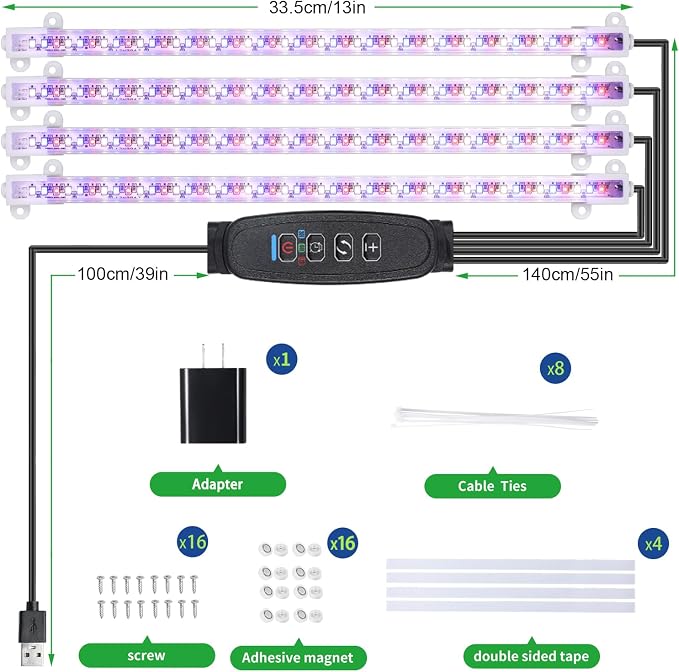 RWNTAO Four Strip Growing Lamp for Indoor Plants, Red & Blue & Yellow Full Spectrum LED Grow Light Strips with Auto ON/Off 3/9/12H Timer,10 Dimmable Levels for Green House Succulent (13 in)