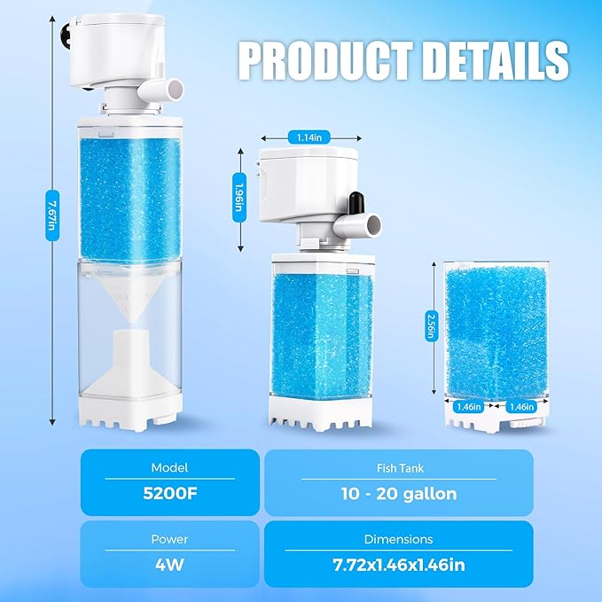 Vehipa Aquarium Filter, Internal Fish Tank Filters for 10-20 Gallon Aquariums, Adjustable Flow & Wavemaker, Isolate Impurities, Ultra-Quiet Water Circulation