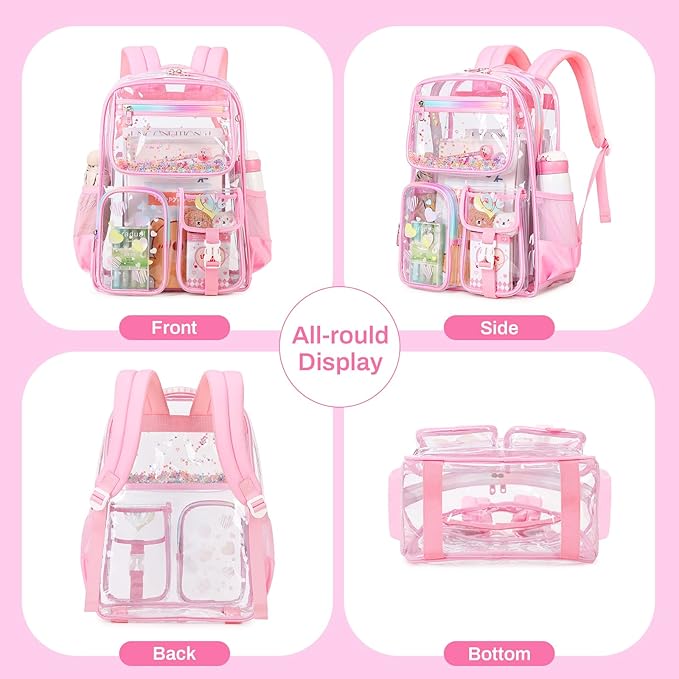 PIG PIG GIRL Clear Backpack for School,Heavy Duty PVC Transparent Bookbag for Girls Stadium Approved See Through Backpack