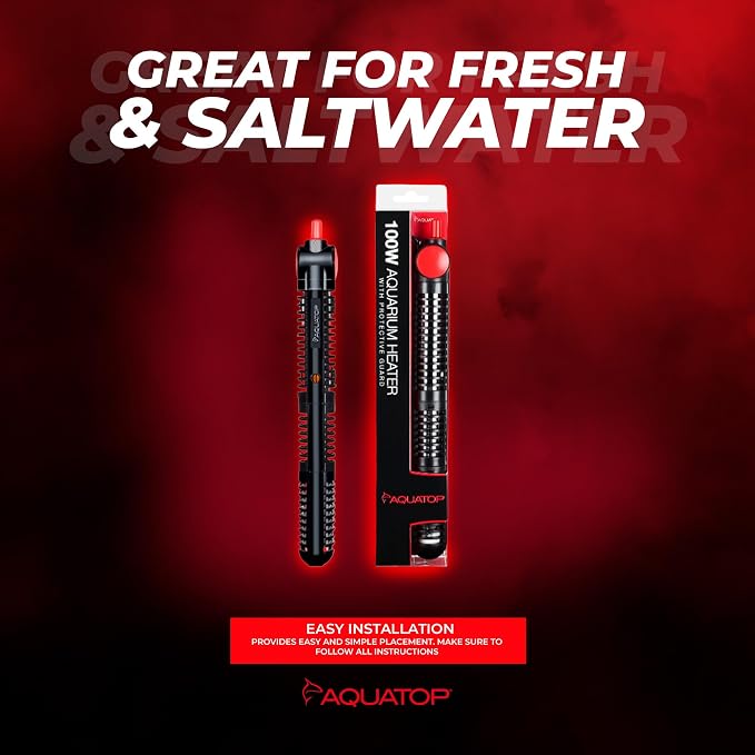 Aquatop 100W Premier Glass Heater with Guard – Submersible for Fish Tanks Up to 25 Gallons – 68-93°F Adjustable Temp – Fresh & Saltwater Use