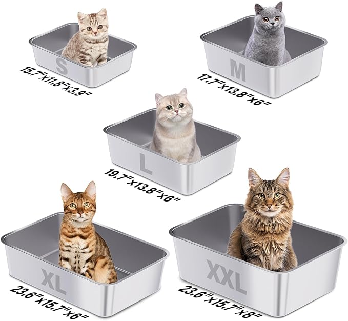Stainless Steel Litter Box, Large Metal Cat Litter Box for Small to Medium Cats, High Sides, 18"x14"x6",Non Stick, No Smell, Easy to Clean